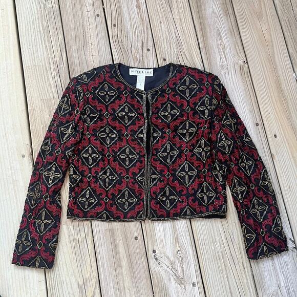 Niteline Women's Vintage 100% Silk Beaded Black And Red Cropped Jacket Size S - Picture 1 of 10
